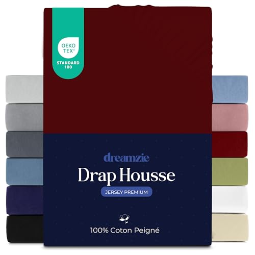 Dreamzie Drap Housse 140x190/200 cm, Jersey 100% Coton Premium, Hauteur De Matelas Jusqu'à 22 cm, Hypoallergénique, Oeko-Tex, Bordeaux