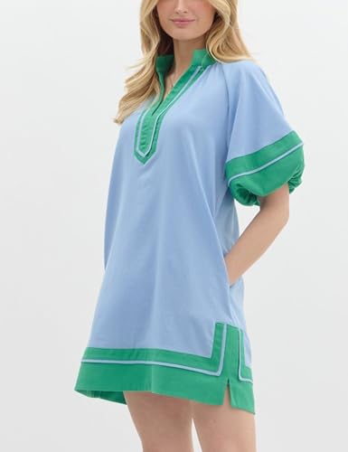 Image of Esmeling Women's Color Block Pullover Dress V-Neck Puff Sleeve Dress Mini Shirt Dress with Pockets