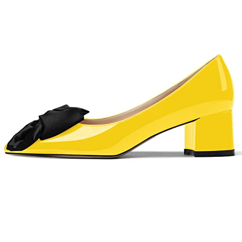 WAYDERNS Women's Slip On Pointed Toe Patent Bow Decoration Chunky Low Heel Pumps Shoes 2 Inch2