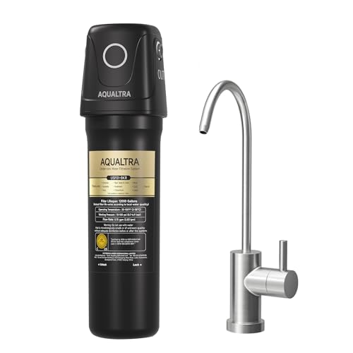 AQUALTRA USF01-BKF Under Sink Filter System, 12K Gal with Faucet, NSF/ANSI/CAN 372 Certified, Reduce PFOA, PFOS, Chlorine, Lead, Mercury, Chloramine, Fluoride, Microplastic Particles, Bad Taste & Odor