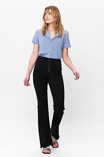 'Fiercely Bella Boutique' Hi-Waist Button Fly Raw Hem Bootcut Jeans (Style 82570)2