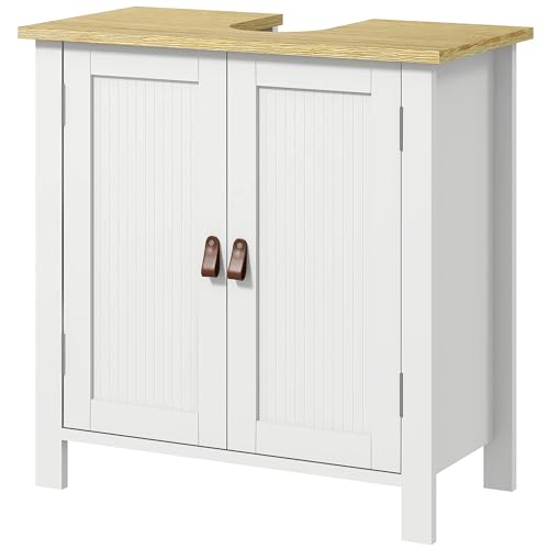 kleankin Meuble sous-Vasque, Meuble sous-Vasque pour Salle de Bains, 2 Portes, étagère réglable, 2 étagères intérieures, poignées PU, 60 x 30 x 60 cm,...