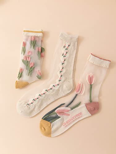 Verdusa Women's 3 Pairs Sheer Mesh Socks Floral Thin Socks2
