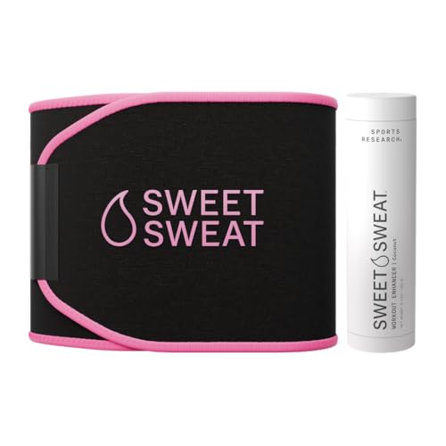 Sports Research Waist Trimmer Pack - Sweet Sweat Waist Trimmer (Black/Pink, Medium) & Workout Enhancer Roll-On Gel (Coconut Scent)