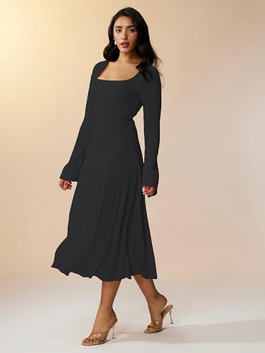Image of Shasmi Women's Square Neck A-Line Dress - Long Sleeve, Tie Waist, Knitted Stretchable, Casual & Office Outfit, Solid Winter Midi Dress for Women (Dress 221)
