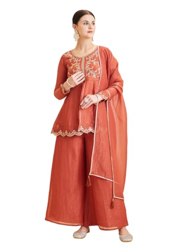 Image of MOKOSH Women's Silk Embroidered Peplum Kurta Sharara with Dupatta | Kurta Set | Ethnic Wear |Round Neck Full Sleeve Kurta | 3 Piece Outfit |Embroidered