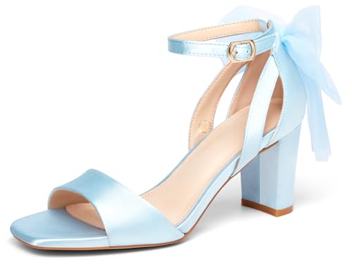 Coutgo Women's Bow Tie Heeled Sandals One Strap Chunky Heel Pumps Satin Ankle Buckle Dress Party Summer Shoes, Sky Blue, Size 8