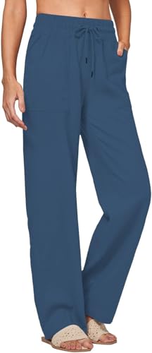 Women's Wide-Leg Casual Linen Pant Beach Drawstring Lounge Pants Relaxed Fit Palazzo Sweaterpants with Pockets2