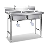 Fregadero Comercial de 2 Compartimentos, Acero Inoxidable, Juego de Fregadero de Cocina de 2 Lavabos con 2 Grifos para Garaje, Bar, Restaurante(120x60x80cm(47.2x23.6x31.5in))