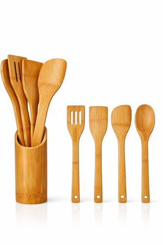 Juego de Utensilios de Cocina de Bambú, Set de 5 Piezas con Soporte, Cucharas y Espátulas de Madera Natural, Ecológicos