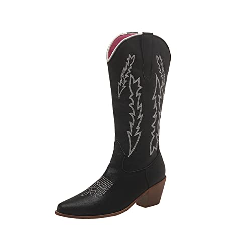 Botas vaqueras bordadas para mujer, a media pantorrilla, puntera puntiaguda, tacón grueso, botas de equitación, costuras vintage, botas vaqueras occidentales para damas, fiestas y exteriores,
