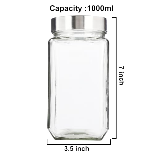 Image of Glass Jars 1000ml - Set of 6 Glass Storage Containers with Stainless Steel Airtight Lids for Kitchen, Dry Fruits, Pickles, Spices | Glass Containers for Kitchen | Glass Jars for Kitchen 1kg (6)