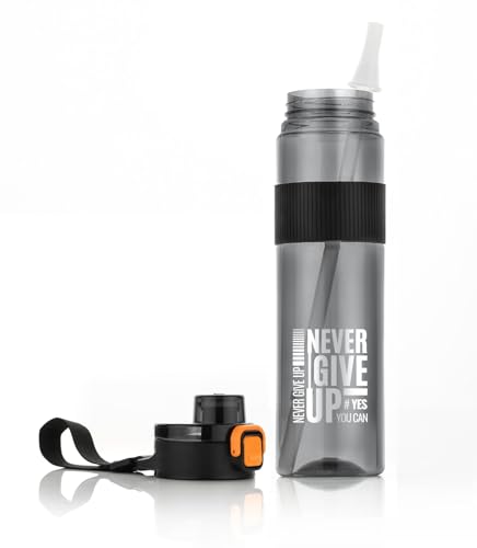 Image of Motivational Sports Water Bottle 1000ml BPA-Free Plastic Bottle with Flip Lid & Straw Reusable Leakproof Drinking Bottle for Gym, School, Office, Home & Outdoor Activities (black, pack of 1) (black)