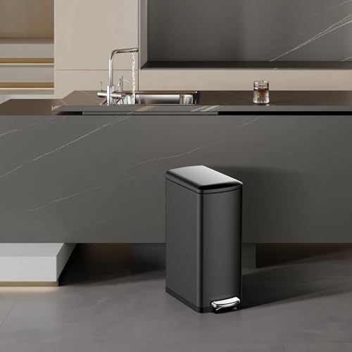 Image of GarveeHome 8 gal Trash Can, Slim Kitchen Trash Can with Soft Close Lid, Stainless Steel Garbage Can with Removable Bucket, Rectangular Waste Bins for Kitchen, Bathroom, Office, Black