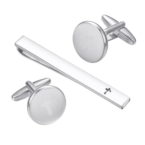 Clip de corbata y gemelos para hombre con diseño de cruz grabada plata