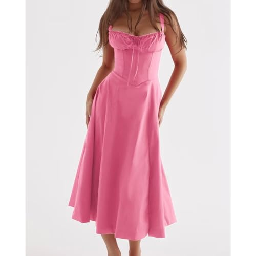 Image of Floral Corset Midi Dress Square Neck A Line Dress with Slit | Square neck floral midi dress with front tie bust wide straps A-line skirt side slit and lightweight fabric