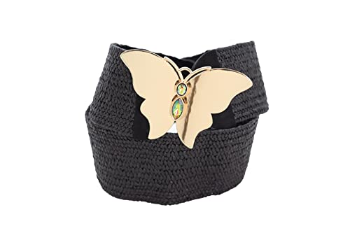 Women Black Braided Fashion Belt - Elastic Waistband Gold Metal