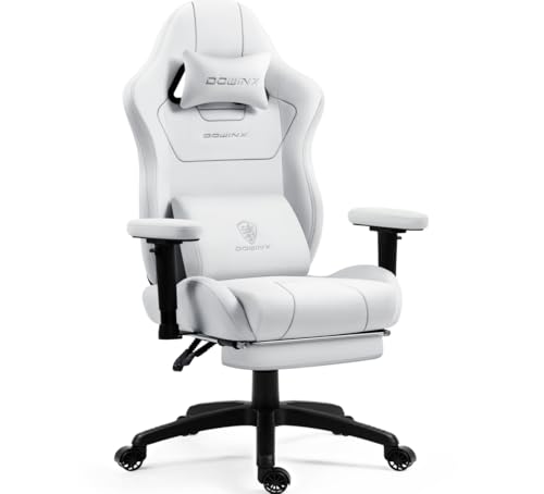 Dowinx Gaming Stuhl Stoff mit Taschenfederkissen, Ergonomischer Gaming Sessel mit Massagefunktion, PC Bürostuhl Groß und Hoch mit Fußstützen XXL, Weiß