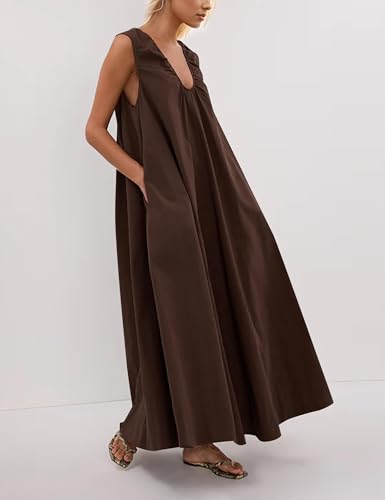 Women Sleeveless Ruched Maxi Dress Scoop Neck Long Elegant Dresses Wide Shoulder Strap Blouse Dress with Side Pockets2