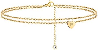 Turandoss Heart Initial Ankle Bracelets for Women, 14K Gold Filled Handmade Dainty Layered Anklet Letter Initial Heart Ankle Bracelets for Women Beach Jewelry Gifts
