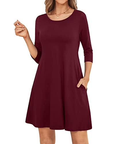 Image of Womens Casual 3 /4 Sleeve Dresses Aline Crewneck Spring Tshirt Dress with Pocket