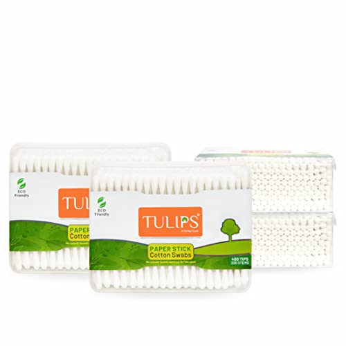 Image of TULIPS Cotton Ear Buds /Swabs (Pack of 4) with white Paper Sticks 200 /400 Tips in a Flat Box