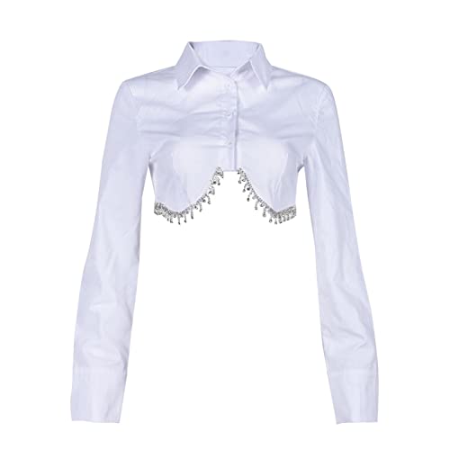 Women Rhinestone Tassel Button Down Shirt Long Sleeve Lapel Cute Blouse Crop Top4