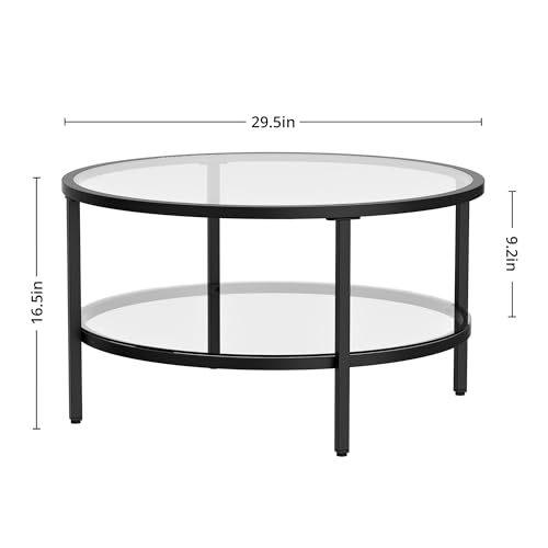DIYART Black Glass Coffee Table, 29.5 Inch Round Modern Coffee Table, 2-Tier Round Glass Coffee Table for Living Room, 29.5\" D x 16.5\" H