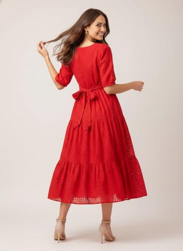 Image of Her Couture Cotton Midi Schiffli Embroidered Dress with Attached Belt