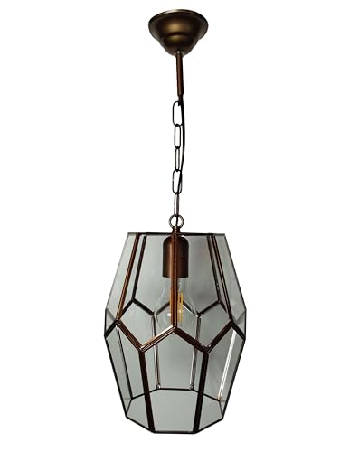 Lámpara Colgante Marroquí, Farol Granadino de Vidrio y Metal, Estilo Vintage, Color Bronce (26x20 cm)