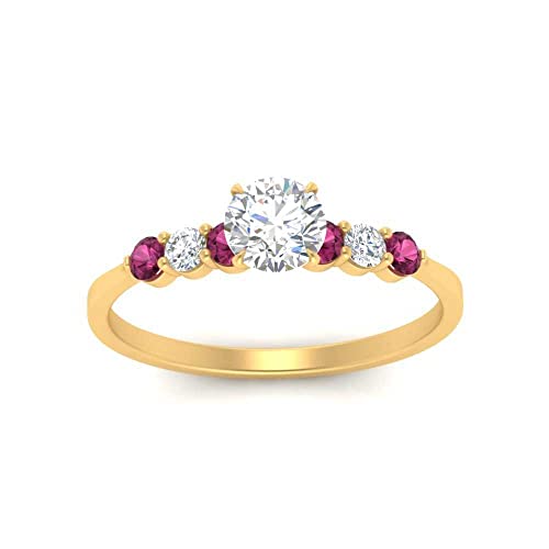 Image of Choose Your Gemstone Round Accented Diamond CZ Ring Yellow Gold Plated Round Shape Side Stone Engagement Rings Matching Jewelry Wedding Jewelry Easy to Wear Gifts US Size 4 to 12