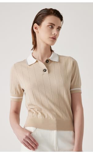 Knit Polo Sweater, Linen Blend Short Sleeve, Ribbed Pattern, Button Detail, BC1150 (US, Alpha, Large, Regular, Regular, Khaki)2