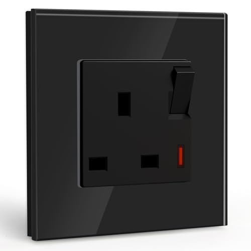 BSEED Single Socket 13A with LED Indicator, Single Switched Wall Socket 1 Gang UK Standard, Electric Switched Plug Power Wall Outlet with Glass Panel, Black