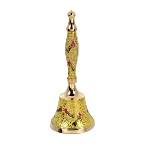 Brass Hand Bell Peacock Design | Indian Puja Bell for Temples and Diwali Decorations | Call Bell Wedding Bells Hand Held Bell Christmas Bell | 7.5 inch | Yellow