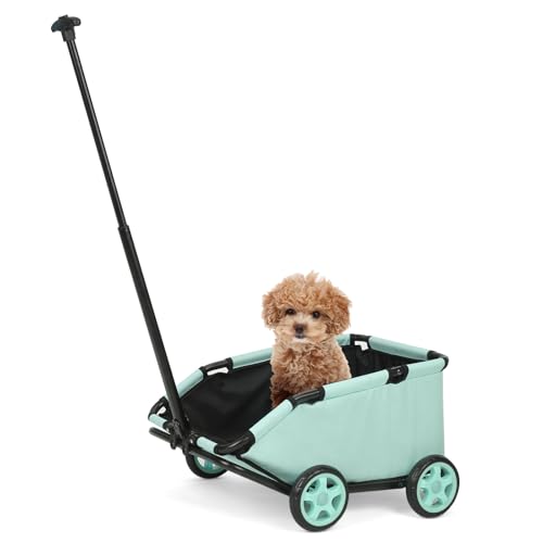 Mini-Hundewagen für Mini-Haustiere, Faltbarer multifunktionaler Einkaufswagen mit ausziehbarem Ziehgriff Im Freien, Wagon eingebautem Kissen und Sicherheitsseil mit Aufbewahrungstasche (Blaugrün)