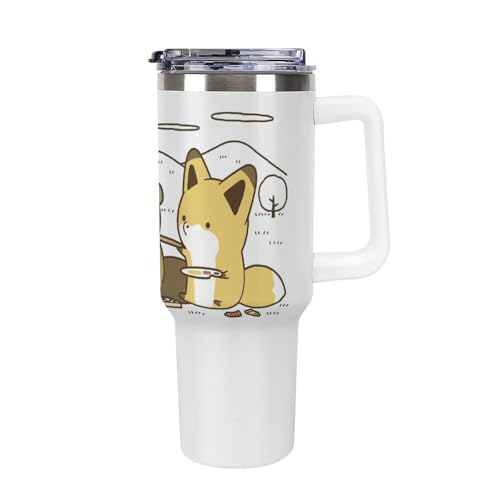 タヌキとキツネ 車用 タンブラー ステンレスカップ 広口 ボトル 車用ケトル 二重構造 ふた付き 水筒 車用ポット 真空断熱 保温保冷 直飲み 魔法瓶 ストローボトル 漏れ防止 携帯便利 アウトドア用 釣り 遠足登山 キャンプ 大容量40oz