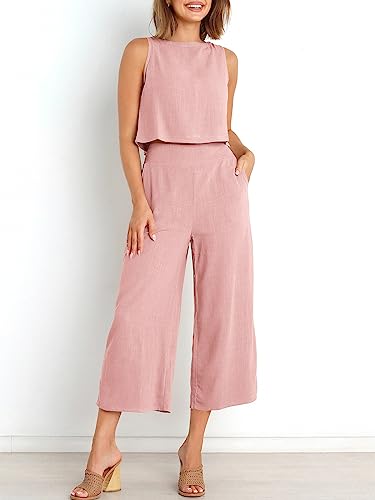 Image of ANRABESS Women's Summer 2 Piece Outfits Sleeveless Tank Crop Button Back Top Cropped Wide Leg Pants Set Pockets