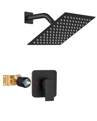Heyalan 8 Inch Square Rain Shower Faucet Set with Valve, Matte Black