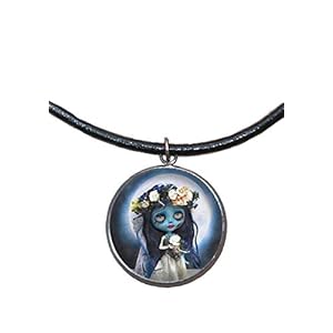 Colgante de Acero, 30mm, Cordón de cuero,Hecho a mano, Ilustración Muñeca Novia cadáver