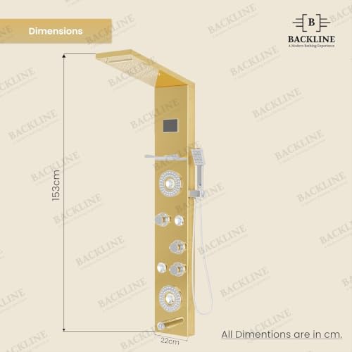 Image of Backline shower panel | 8 In 1 Shower System 304 Grade Stainless Steel Thermostatic Shower With Storage Shelf, LED Rainfall Shower,Hot & Cold Adjustable,Massage Spray,Hand Shower & Water Spout (Gold)