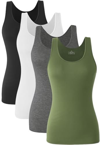 Knuffnee Damen Stretch Unterhemd Basic Tank Tops Workout Unterhemden Tops 4er Pack Schwarz/Weiß/Dunkelgrau/Armeegrün XXL