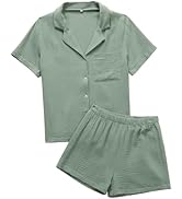 Umenlele Women's Cotton Button Down Pajamas Set Short Sleeve Sleepwear Pj Lounge Sets
