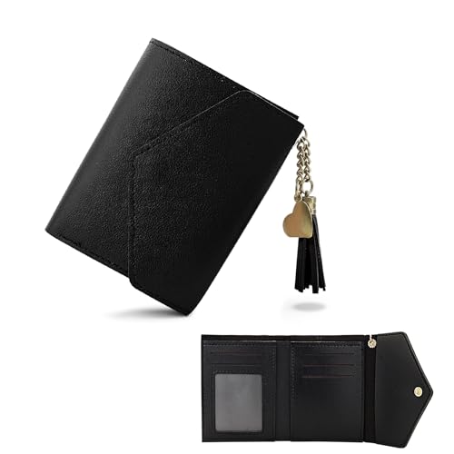 FuninCrea Small Wallet, Credit Card Holder for Women Girl Slim Cute Wallet Ladies Leather Purse, 6 Card Slots Womens Wallet Bifold Ladies Wallet Women's Purse with Tassel & Pendant (Black)