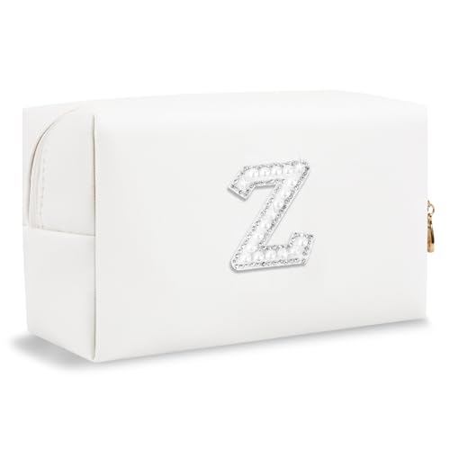 Brautgeschenke: Personalisierte Make-up-Tasche mit Perlen-Strass-Aufnäher, adretter weißer Monogramm-Kosmetik-/Kulturbeutel, Brautjungfergeschenke, Brautpartys, Hochzeitsgeschenke, Brautgeschenke, Z