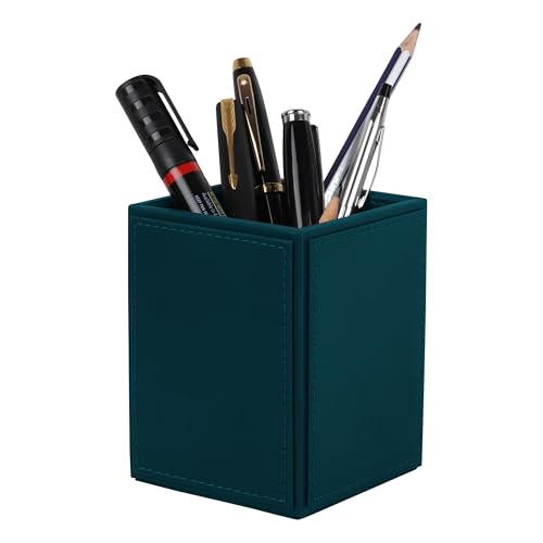 Image of V-CUBE DESIGNS Premium Vegan Leather Pen Holder for Desk & Study Table Accessory | Marker /Pencil Stand for Student | Stationery Organizer for Office Table & Home | 6mm Thickness with MDF Core |Teal