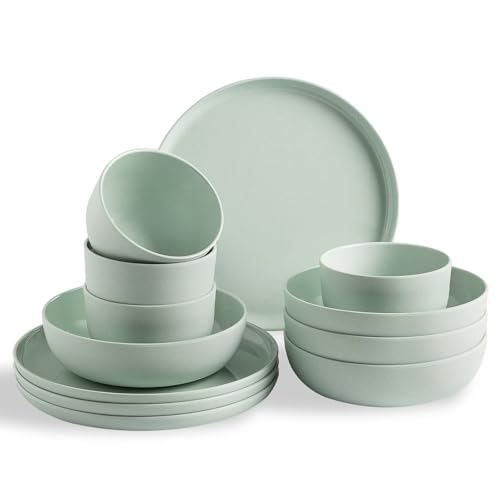 MissYIP 12 Pcs Wheat Straw Dinnerware Sets, Unbreakable Reusable Kitchen Dinnerware Set, Outdoor Camping Dishes, BAP free, Dishwasher Safe,Not oven-safe or microwavable(Celadon)