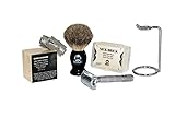 Complete Wet Shave Kit | Mike the Mason | Gift Set Includes: Hawk Safety Razor, Pure 100% Badger Hair Brush, Organic Honey Oatmeal Shave Bar, Nick Brick, 5 Premium Mens Blades, and a Razor Stand