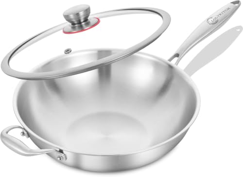 LOLYKITCH 12-Inch Stainless Steel Wok with Glass Lid | Detachable Handle