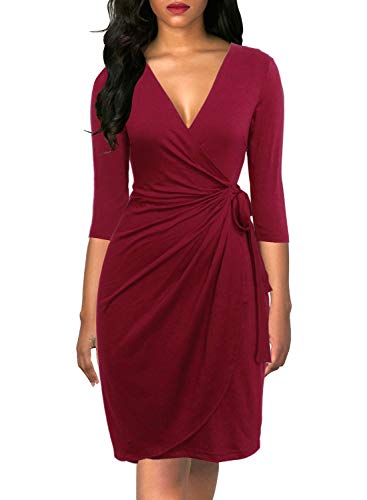 Berydress Women's Vintage Faux Wrap Dress 3/4 Sleeve Knee-Length Solid Stretchy Cotton Sheath