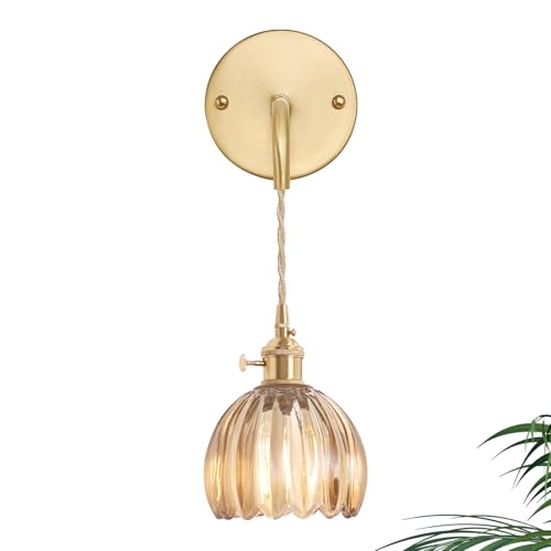 Image of Shenmoyl Vintage Wall Sconce Wall Lamp Amber Tulip Shade Pattern Glass Adjustable Chain Retro Gold Wall Mounted Light, Wall Lamp Fixtures Decor for Bedside Bedroom Indoor Doorway